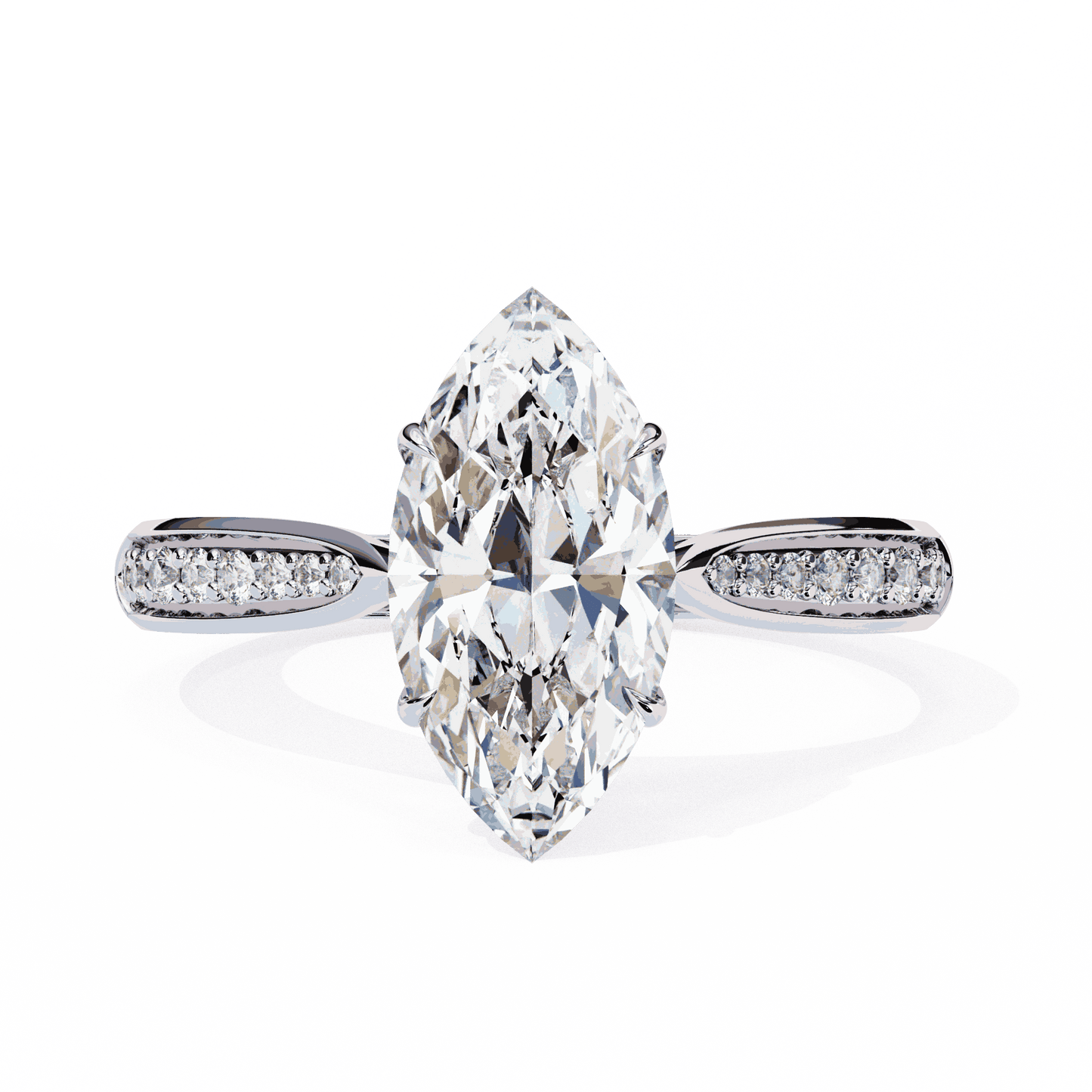 Marquise Cut Lab Grown Diamond Side Stone Engagement Ring with Pavé Set Shoulders