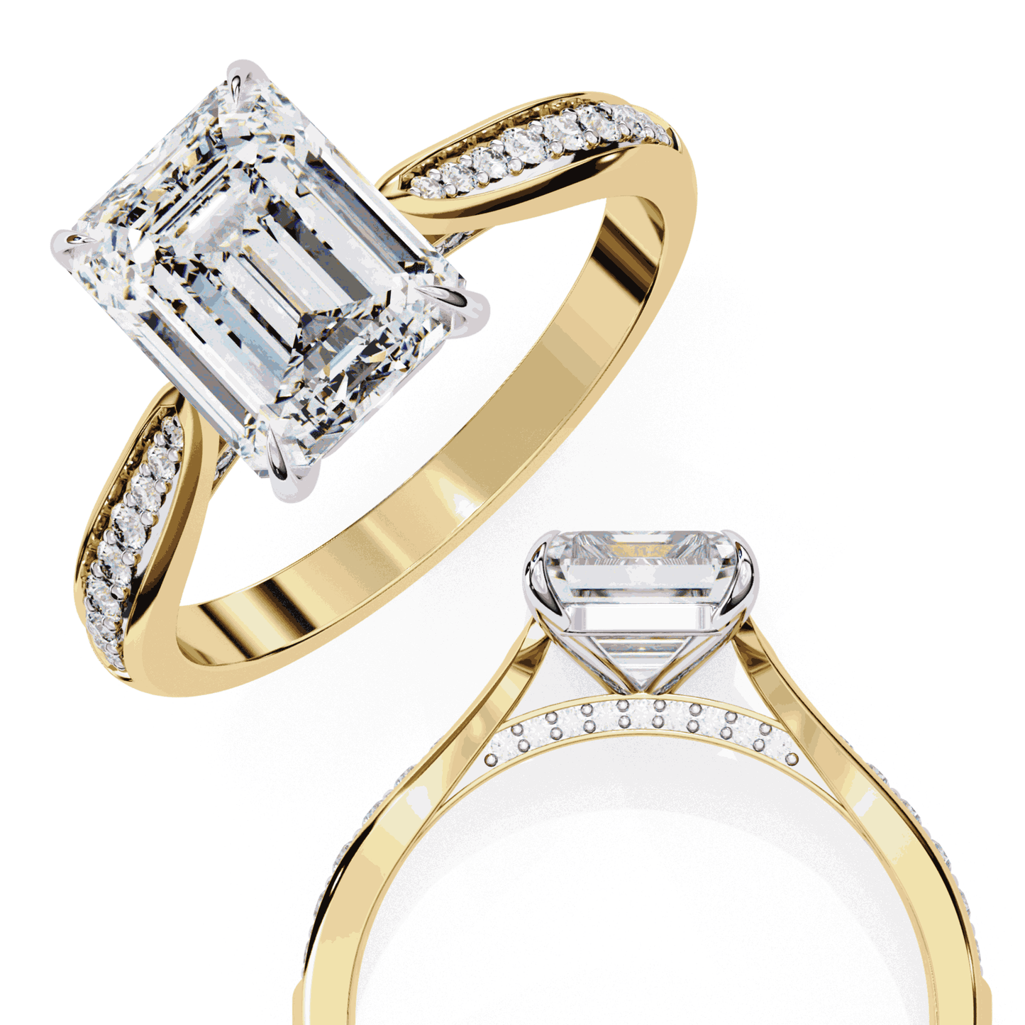 Emerald Cut Lab Grown Diamond Side Stone Engagement Ring with Pavé Set Shoulders