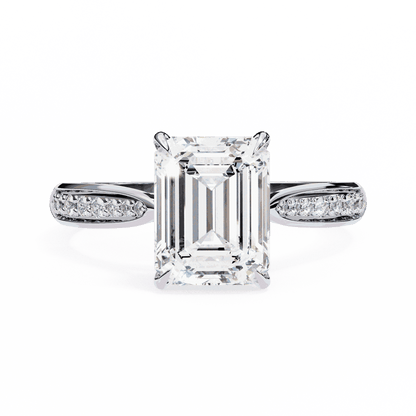 Emerald Cut Lab Grown Diamond Side Stone Engagement Ring with Pavé Set Shoulders