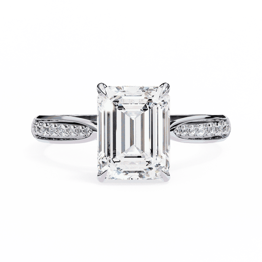 Emerald Cut Lab Grown Diamond Side Stone Engagement Ring with Pavé Set Shoulders