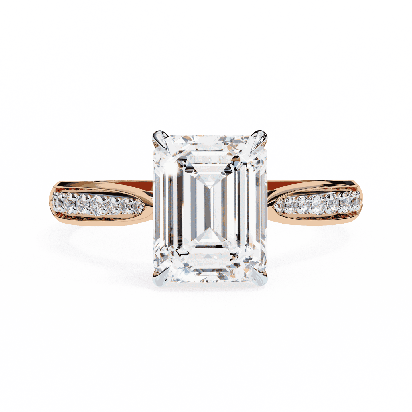 Emerald Cut Lab Grown Diamond Side Stone Engagement Ring with Pavé Set Shoulders
