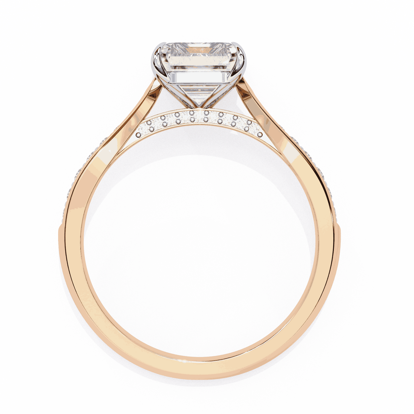 Emerald Cut Lab Grown Diamond Side Stone Engagement Ring with Pavé Set Shoulders