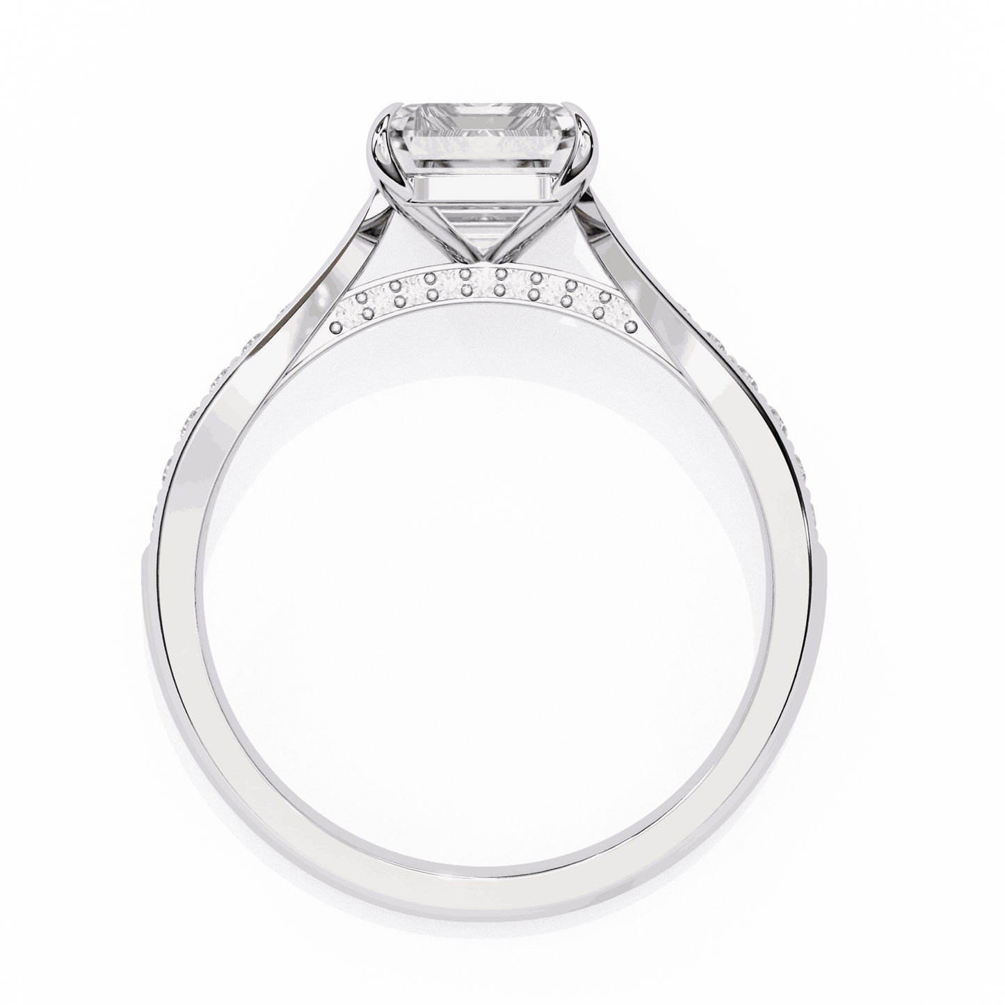 Emerald Cut Lab Grown Diamond Side Stone Engagement Ring with Pavé Set Shoulders