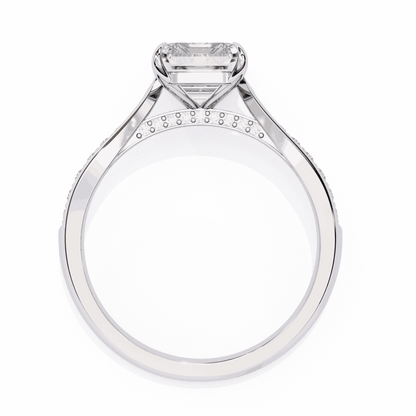Emerald Cut Lab Grown Diamond Side Stone Engagement Ring with Pavé Set Shoulders