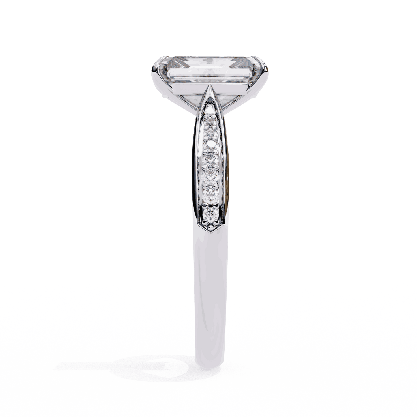 Emerald Cut Lab Grown Diamond Side Stone Engagement Ring with Pavé Set Shoulders