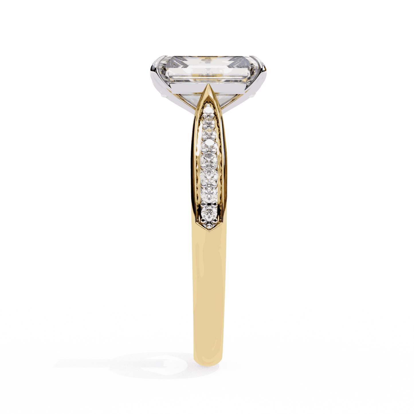Emerald Cut Lab Grown Diamond Side Stone Engagement Ring with Pavé Set Shoulders