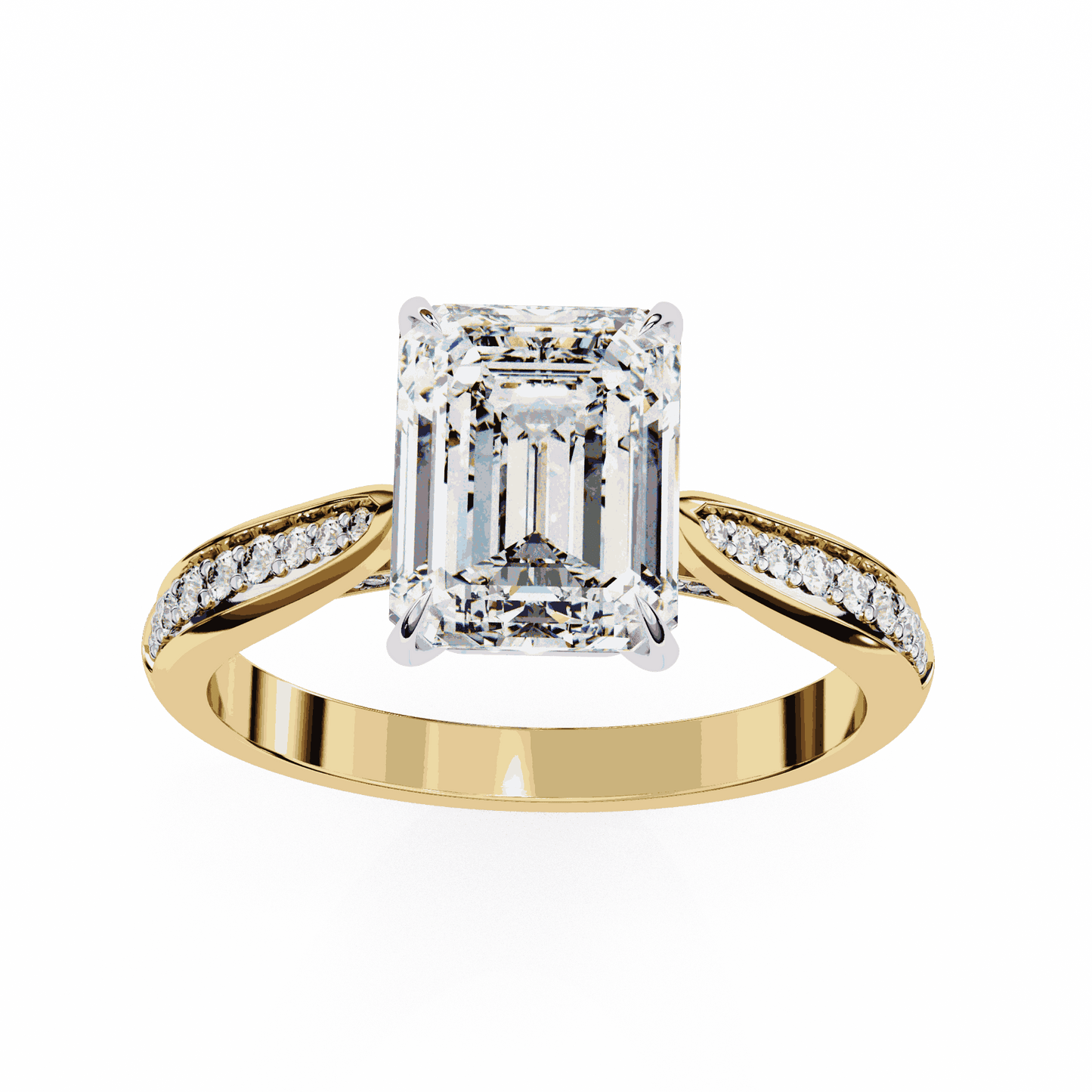 Emerald Cut Lab Grown Diamond Side Stone Engagement Ring with Pavé Set Shoulders