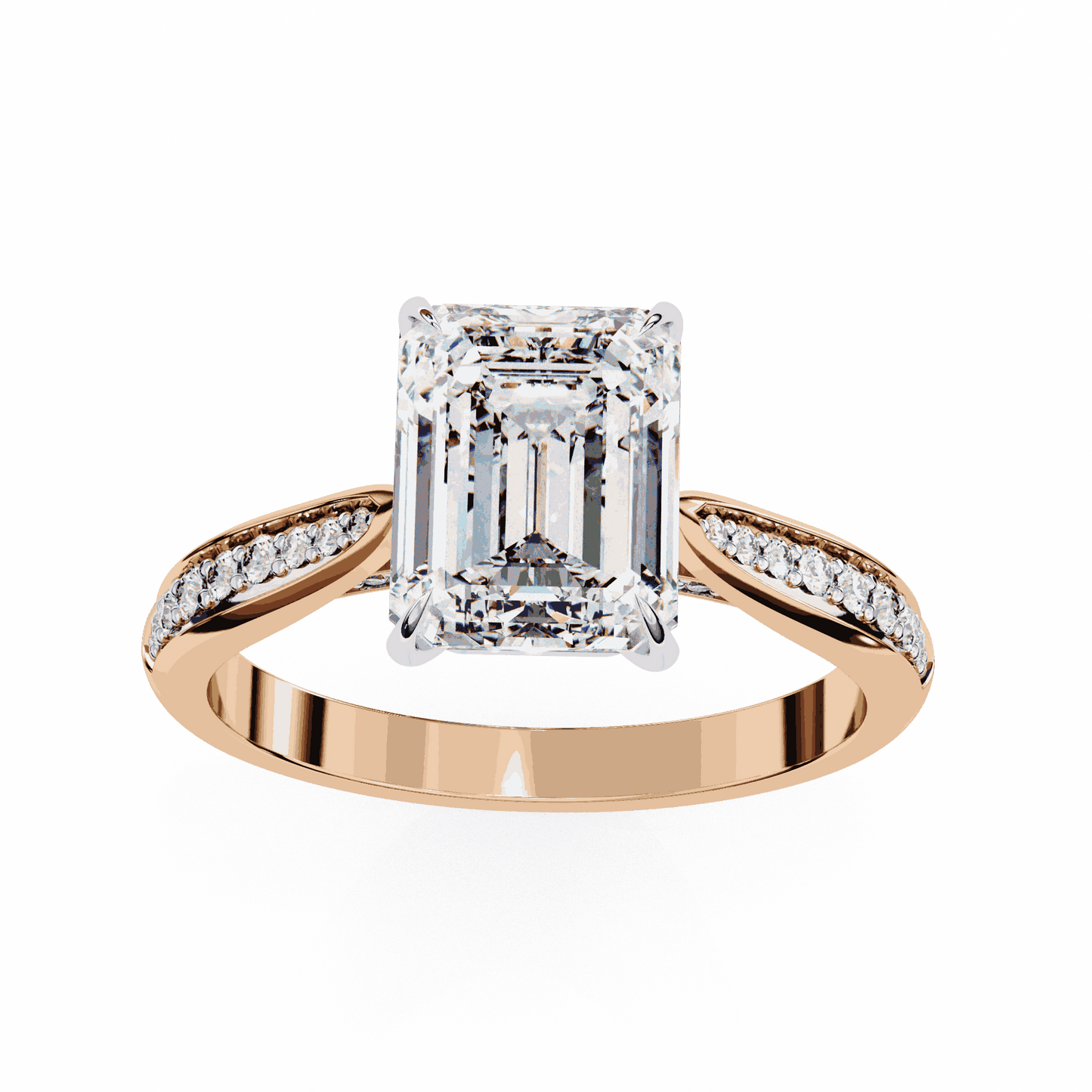 Emerald Cut Lab Grown Diamond Side Stone Engagement Ring with Pavé Set Shoulders