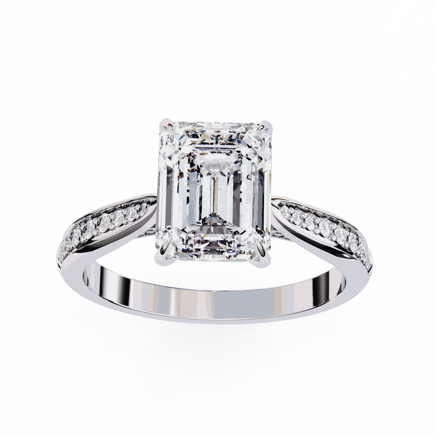 Emerald Cut Lab Grown Diamond Side Stone Engagement Ring with Pavé Set Shoulders