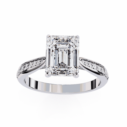 Emerald Cut Lab Grown Diamond Side Stone Engagement Ring with Pavé Set Shoulders
