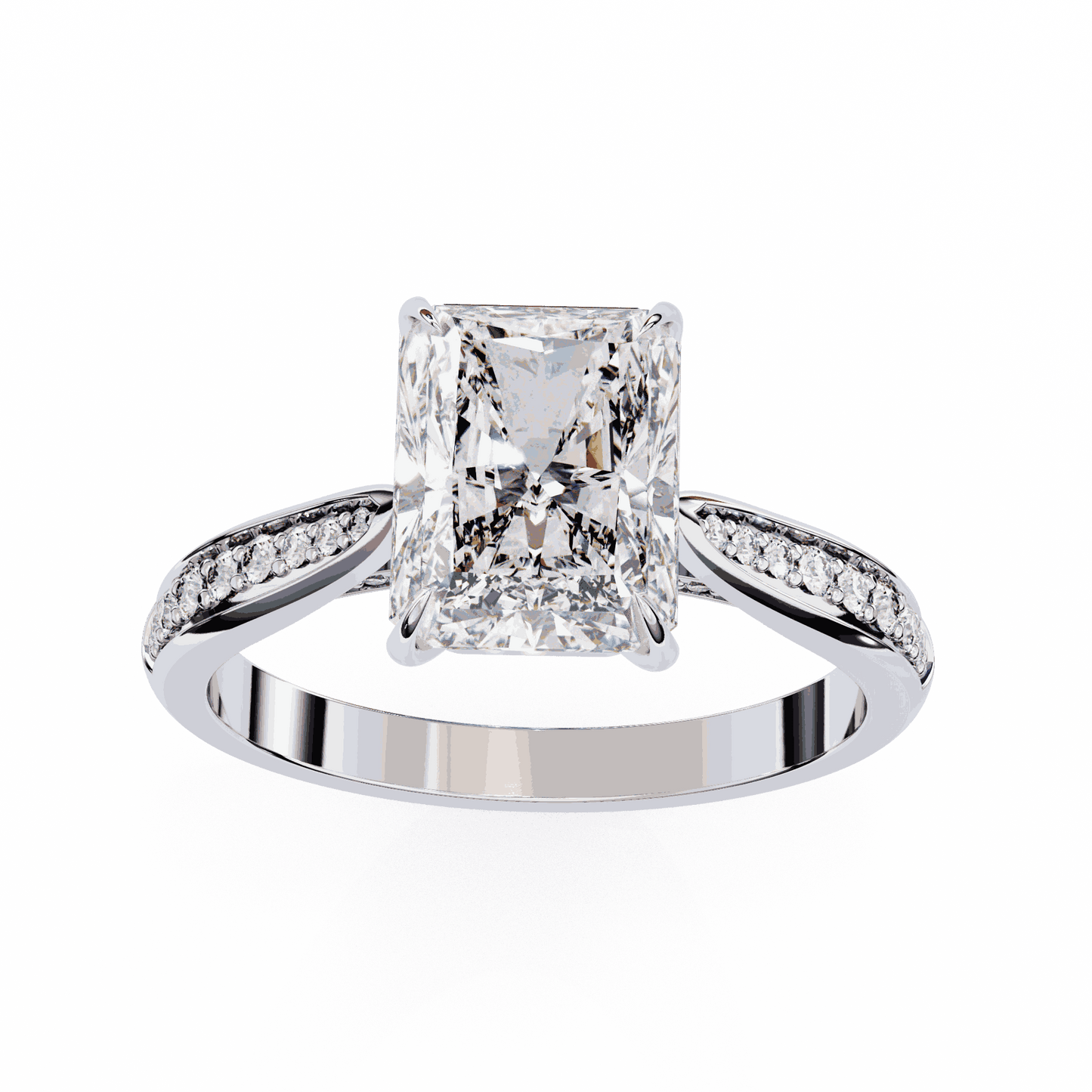 Radiant Cut Lab Grown Diamond Side Stone Engagement Ring with Pavé Set Shoulders