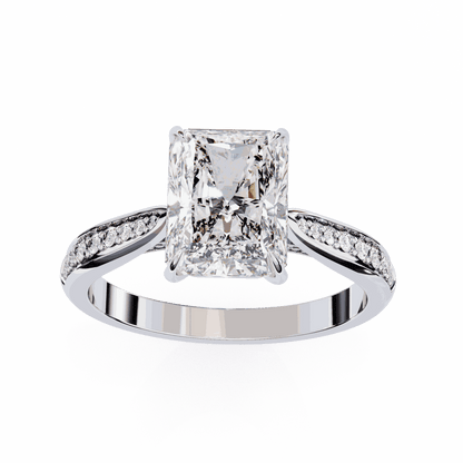 Radiant Cut Lab Grown Diamond Side Stone Engagement Ring with Pavé Set Shoulders