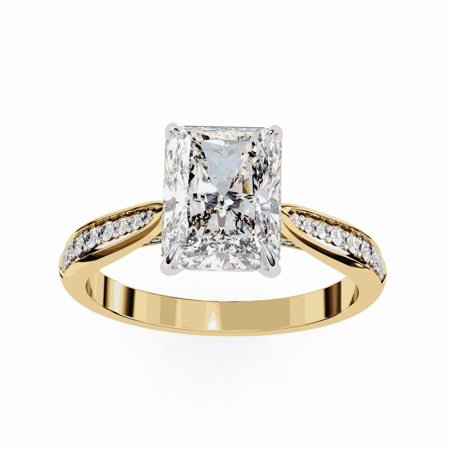 Radiant Cut Lab Grown Diamond Side Stone Engagement Ring with Pavé Set Shoulders