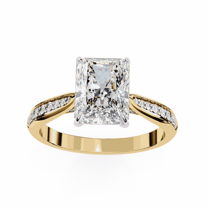 Radiant Cut Lab Grown Diamond Side Stone Engagement Ring with Pavé Set Shoulders