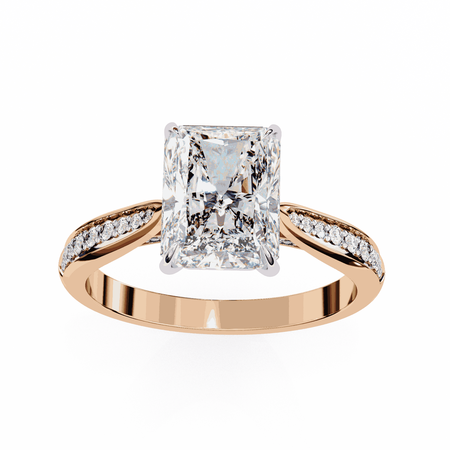 Radiant Cut Lab Grown Diamond Side Stone Engagement Ring with Pavé Set Shoulders