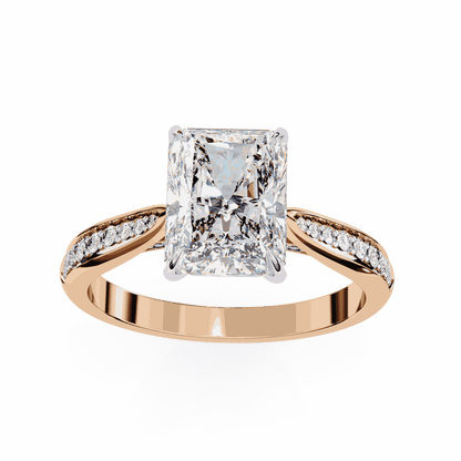 Radiant Cut Lab Grown Diamond Side Stone Engagement Ring with Pavé Set Shoulders