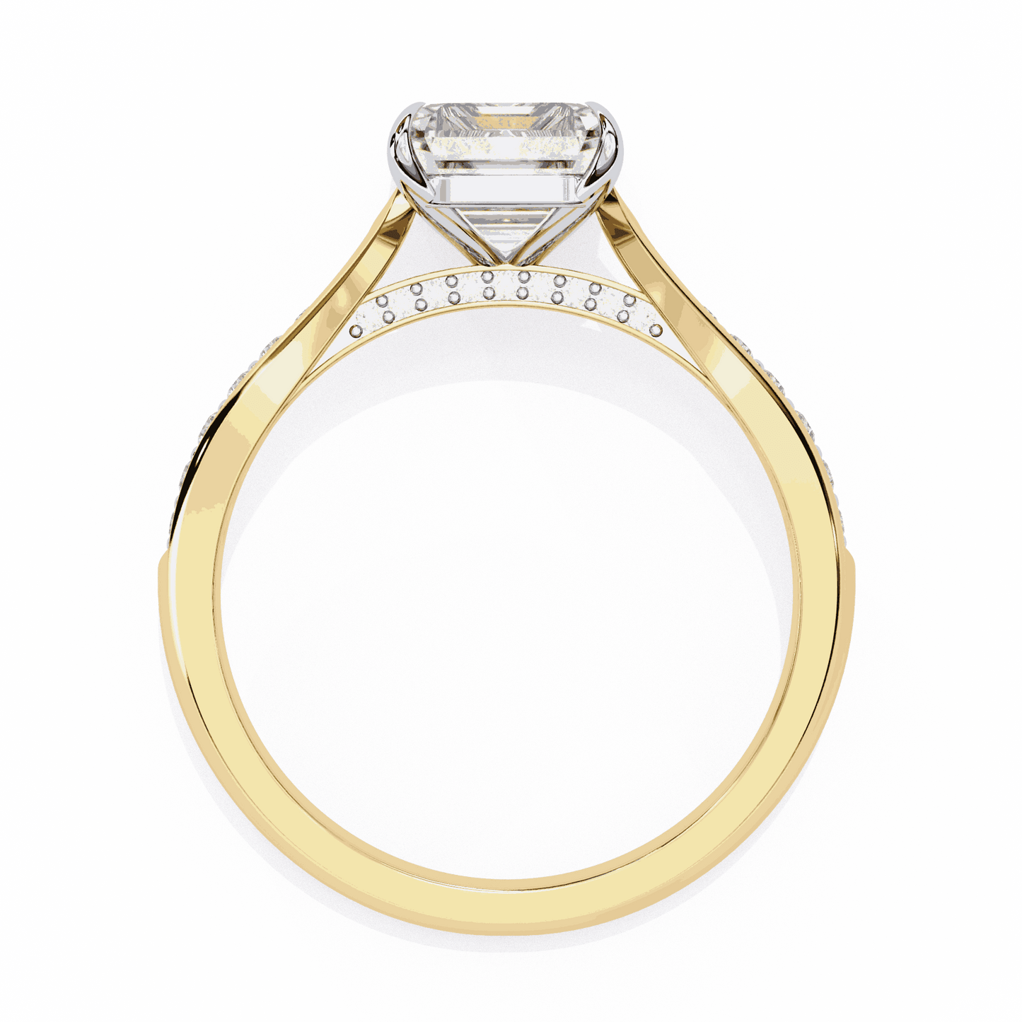 Radiant Cut Lab Grown Diamond Side Stone Engagement Ring with Pavé Set Shoulders