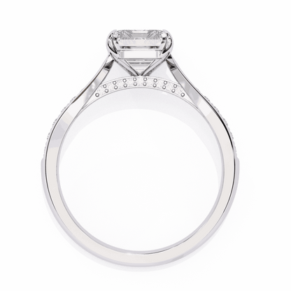 Radiant Cut Lab Grown Diamond Side Stone Engagement Ring with Pavé Set Shoulders