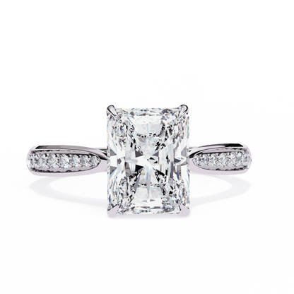Radiant Cut Lab Grown Diamond Side Stone Engagement Ring with Pavé Set Shoulders