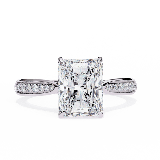 Radiant Cut Lab Grown Diamond Side Stone Engagement Ring with Pavé Set Shoulders