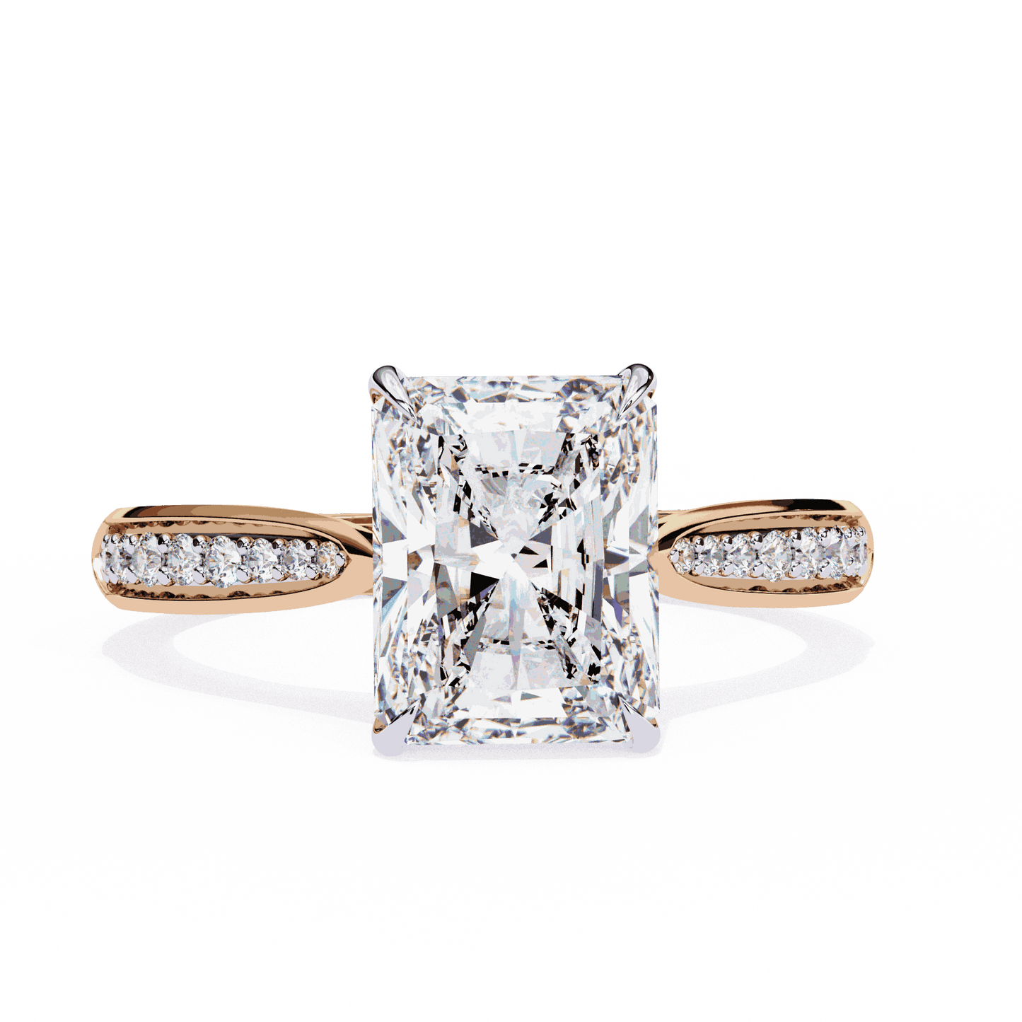Radiant Cut Lab Grown Diamond Side Stone Engagement Ring with Pavé Set Shoulders