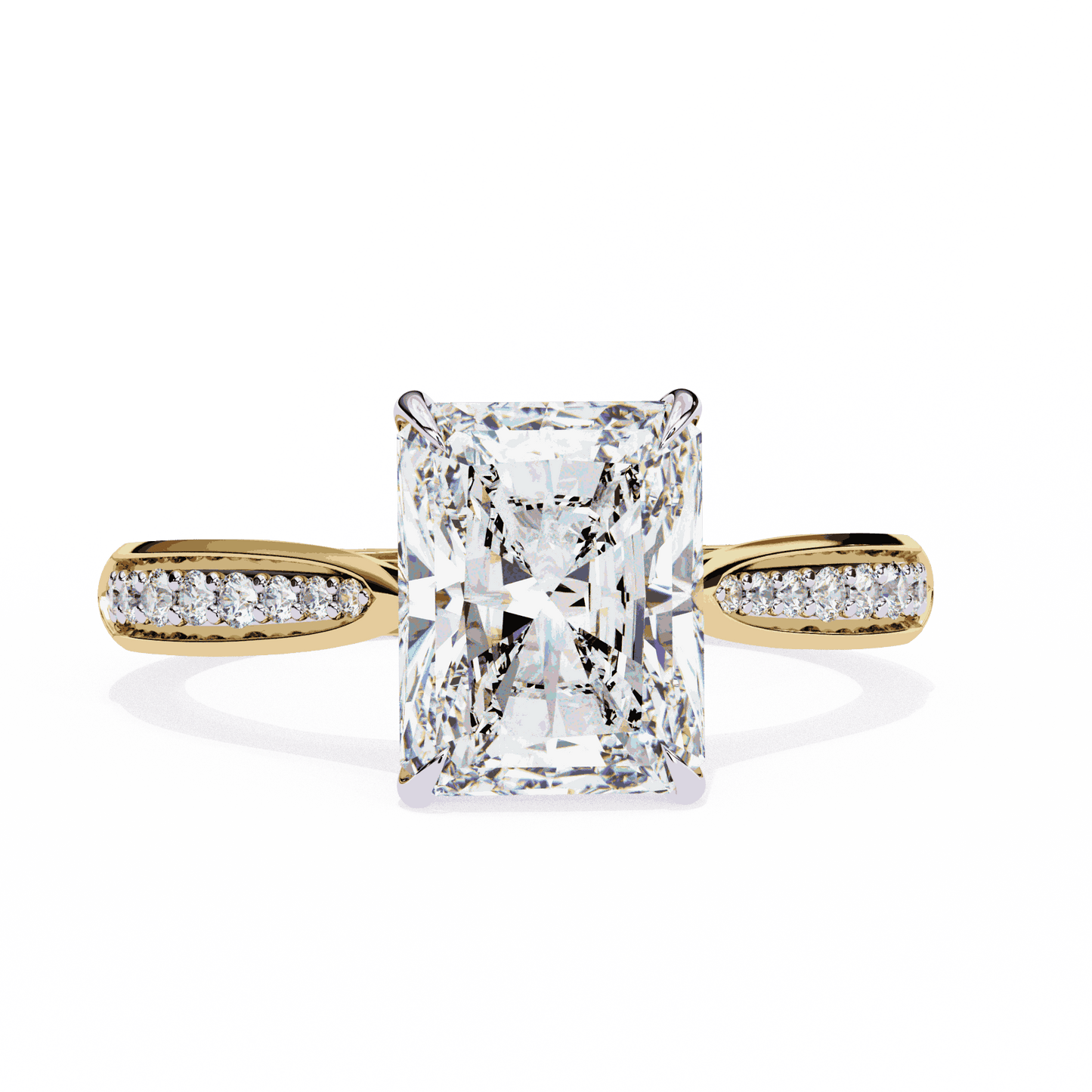 Radiant Cut Lab Grown Diamond Side Stone Engagement Ring with Pavé Set Shoulders