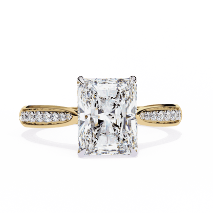 Radiant Cut Lab Grown Diamond Side Stone Engagement Ring with Pavé Set Shoulders