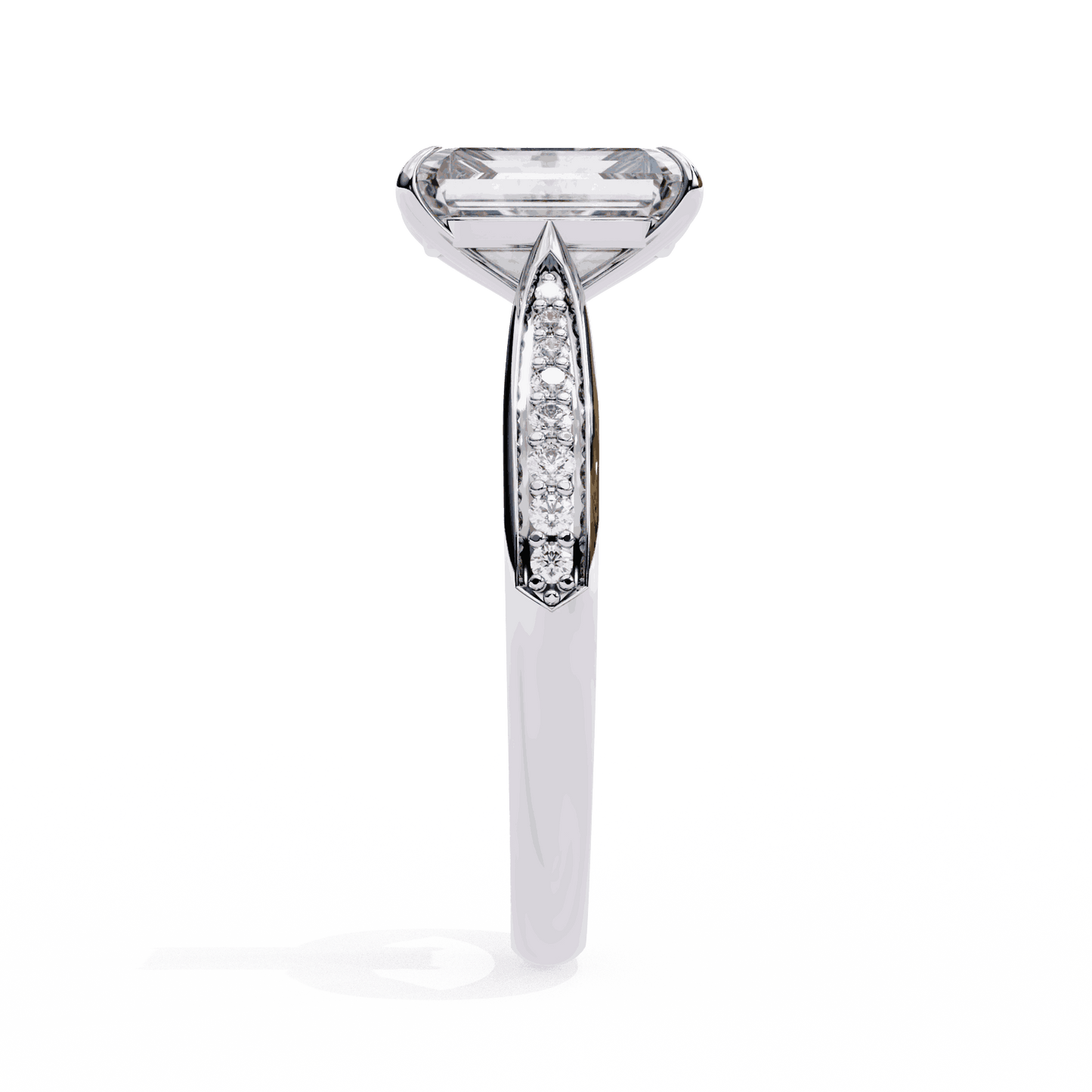 Radiant Cut Lab Grown Diamond Side Stone Engagement Ring with Pavé Set Shoulders
