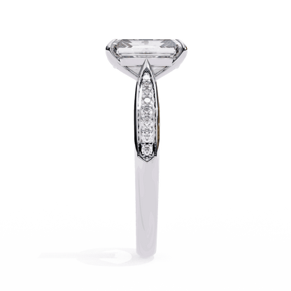Radiant Cut Lab Grown Diamond Side Stone Engagement Ring with Pavé Set Shoulders