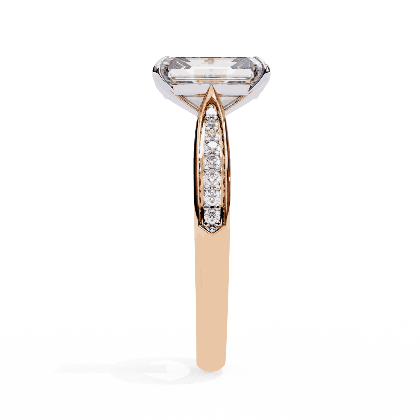 Radiant Cut Lab Grown Diamond Side Stone Engagement Ring with Pavé Set Shoulders