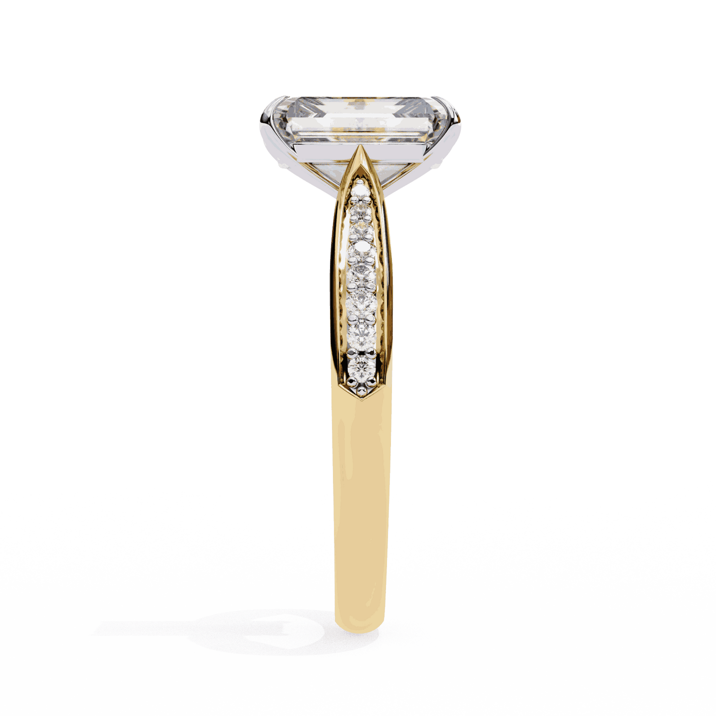Radiant Cut Lab Grown Diamond Side Stone Engagement Ring with Pavé Set Shoulders