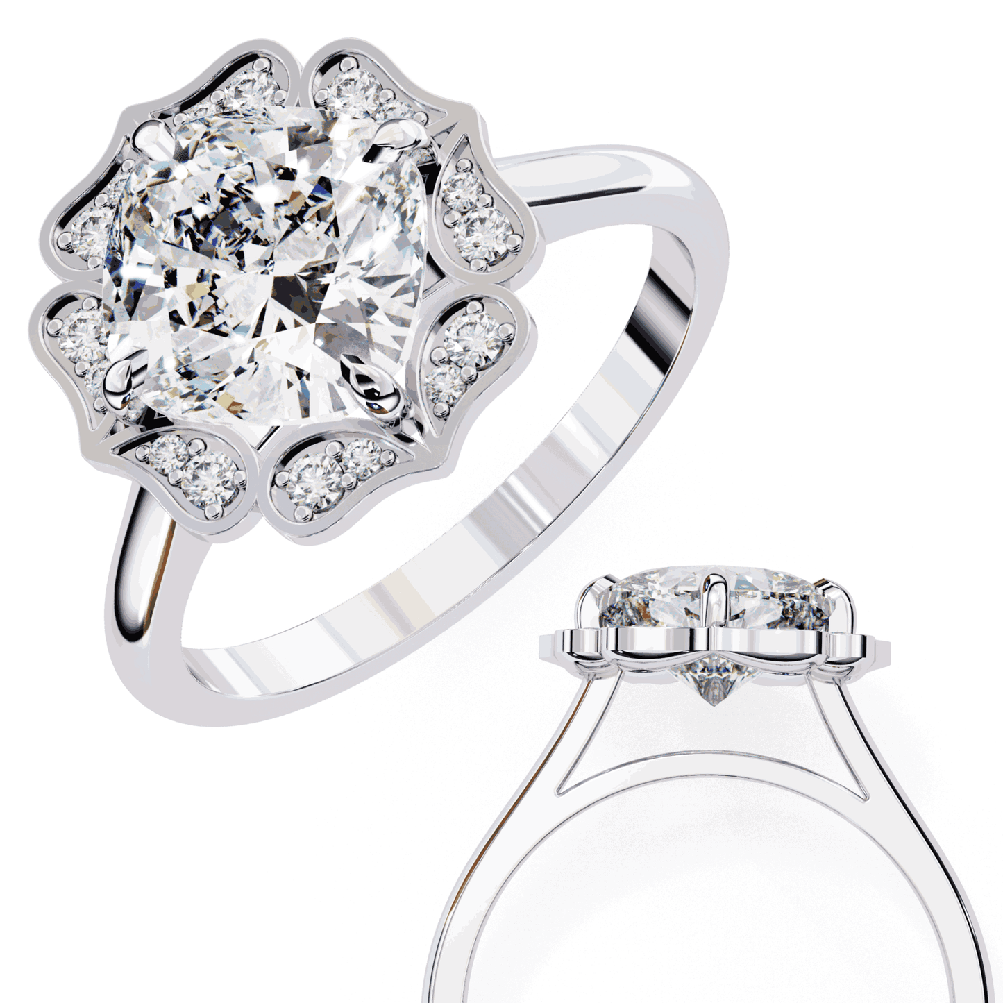 Cushion Cut Lab Grown Diamond Halo Engagement Ring with Vintage Floral Petal Halo