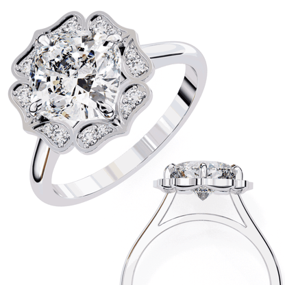 Cushion Cut Lab Grown Diamond Halo Engagement Ring with Vintage Floral Petal Halo