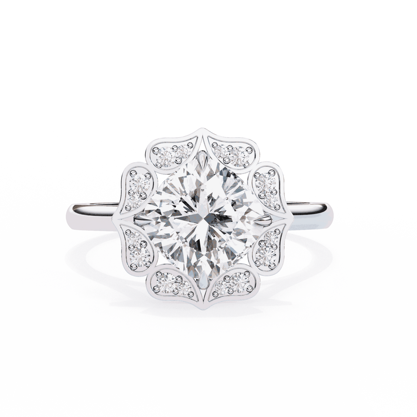 Cushion Cut Lab Grown Diamond Halo Engagement Ring with Vintage Floral Petal Halo