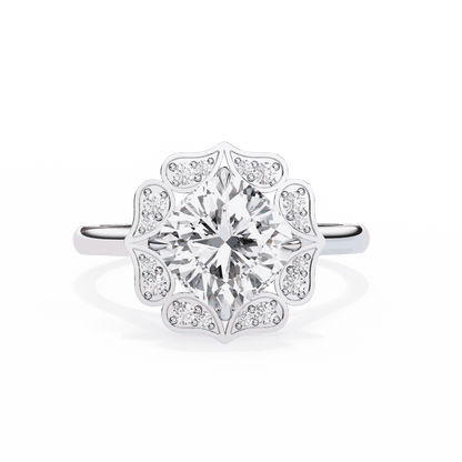 Cushion Cut Lab Grown Diamond Halo Engagement Ring with Vintage Floral Petal Halo