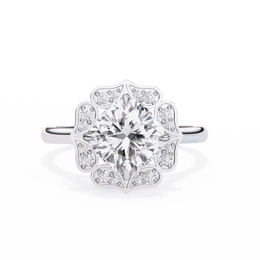 Cushion Cut Lab Grown Diamond Halo Engagement Ring with Vintage Floral Petal Halo