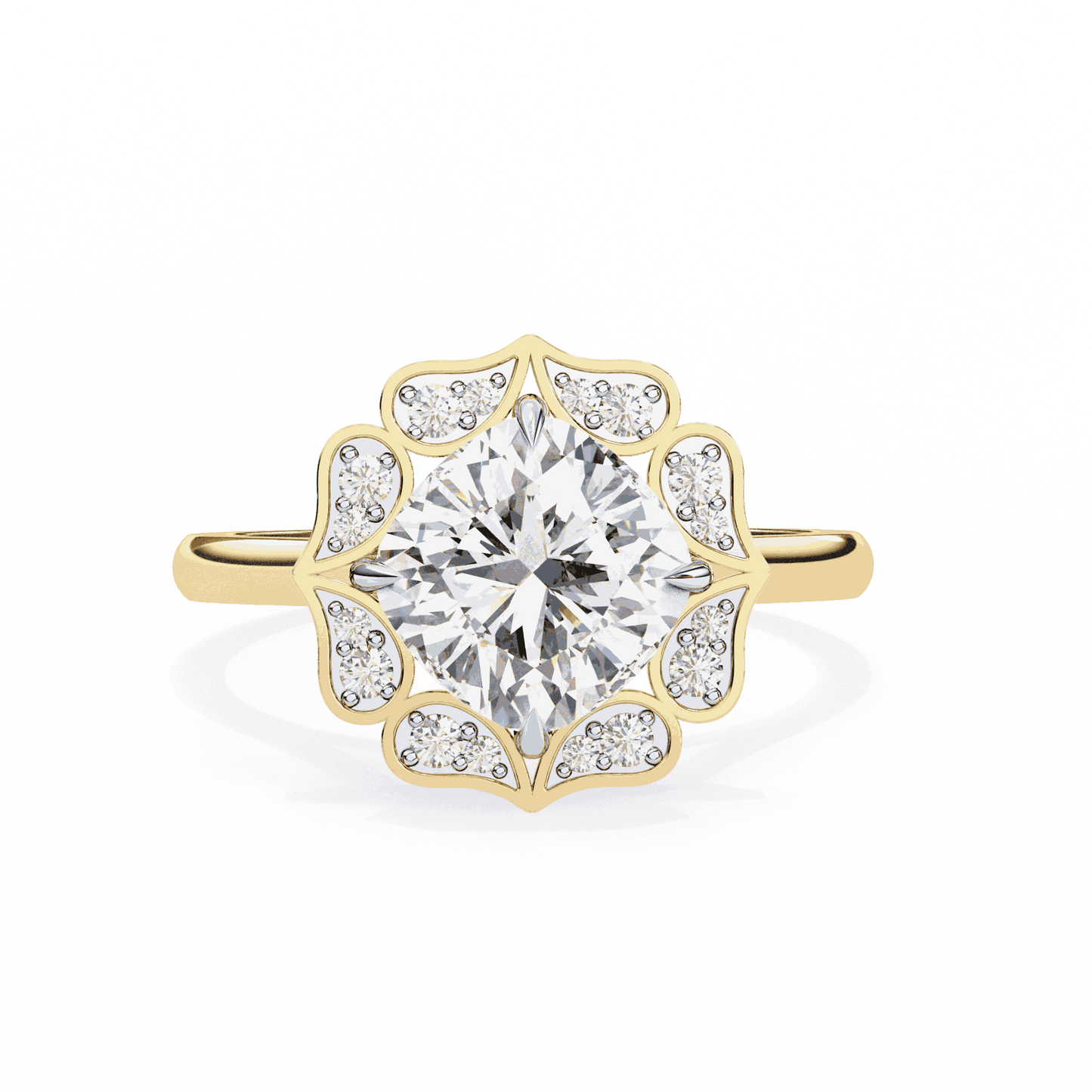 Cushion Cut Lab Grown Diamond Halo Engagement Ring with Vintage Floral Petal Halo