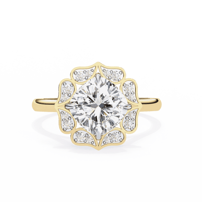 Cushion Cut Lab Grown Diamond Halo Engagement Ring with Vintage Floral Petal Halo