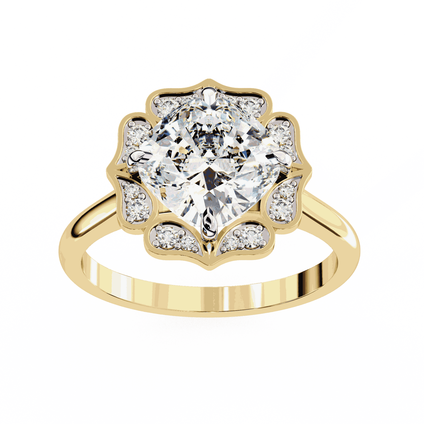 Cushion Cut Lab Grown Diamond Halo Engagement Ring with Vintage Floral Petal Halo