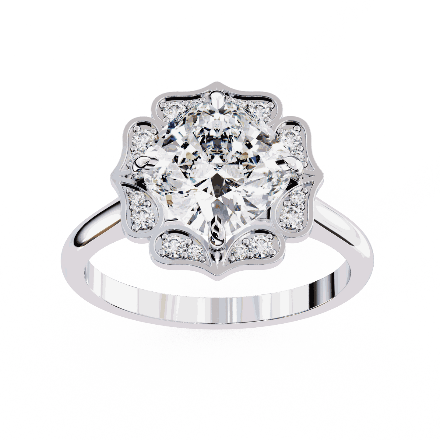 Cushion Cut Lab Grown Diamond Halo Engagement Ring with Vintage Floral Petal Halo