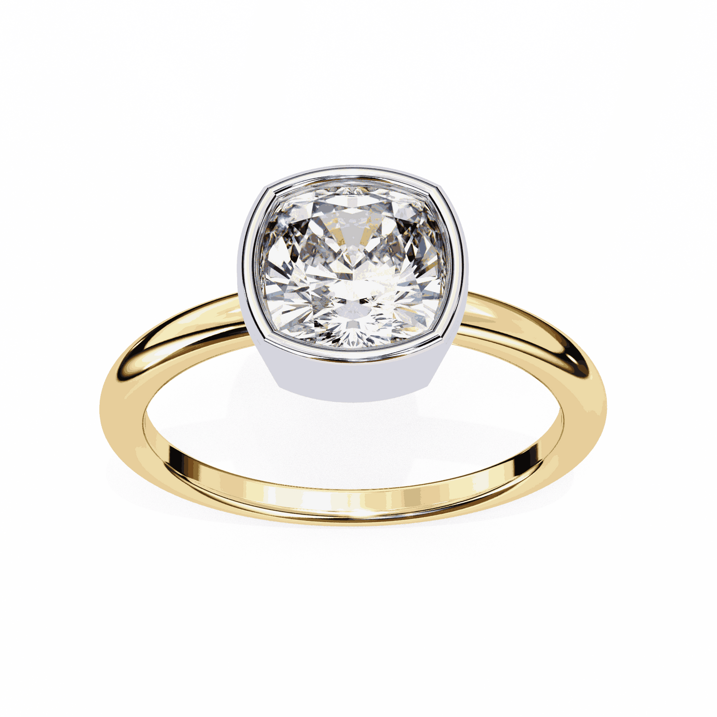 Cushion Cut Lab Grown Diamond Bezel Engagement Ring with Two Tone Plain Band