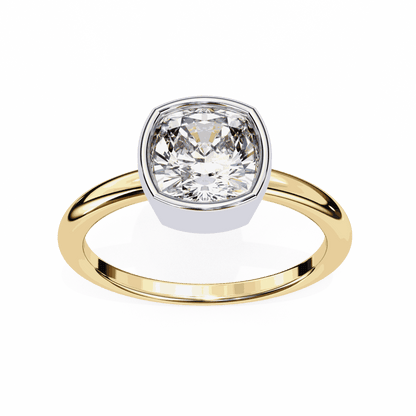 Cushion Cut Lab Grown Diamond Bezel Engagement Ring with Two Tone Plain Band