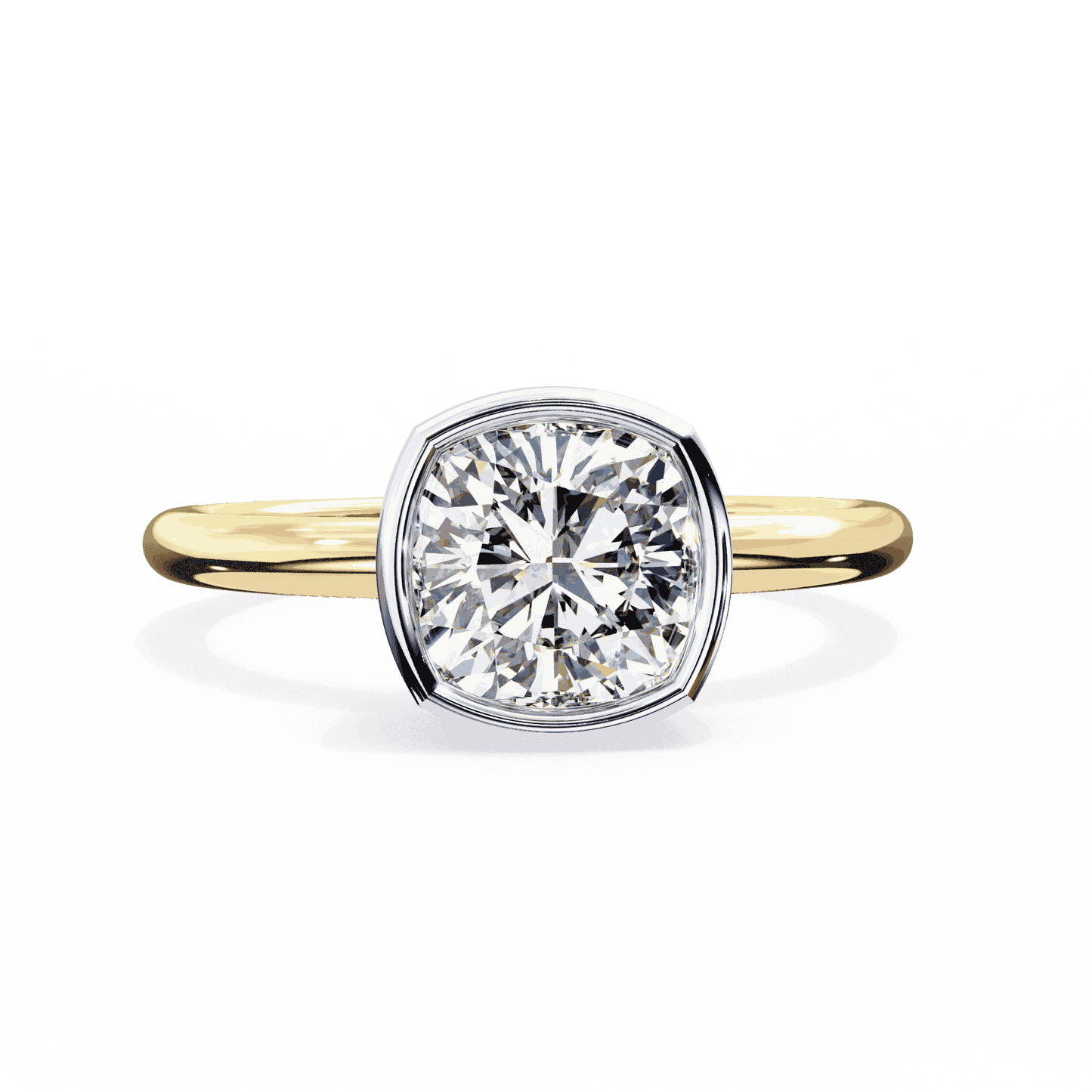 Cushion Cut Lab Grown Diamond Bezel Engagement Ring with Two Tone Plain Band