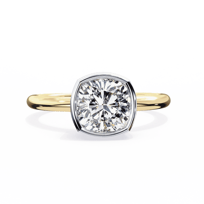 Cushion Cut Lab Grown Diamond Bezel Engagement Ring with Two Tone Plain Band