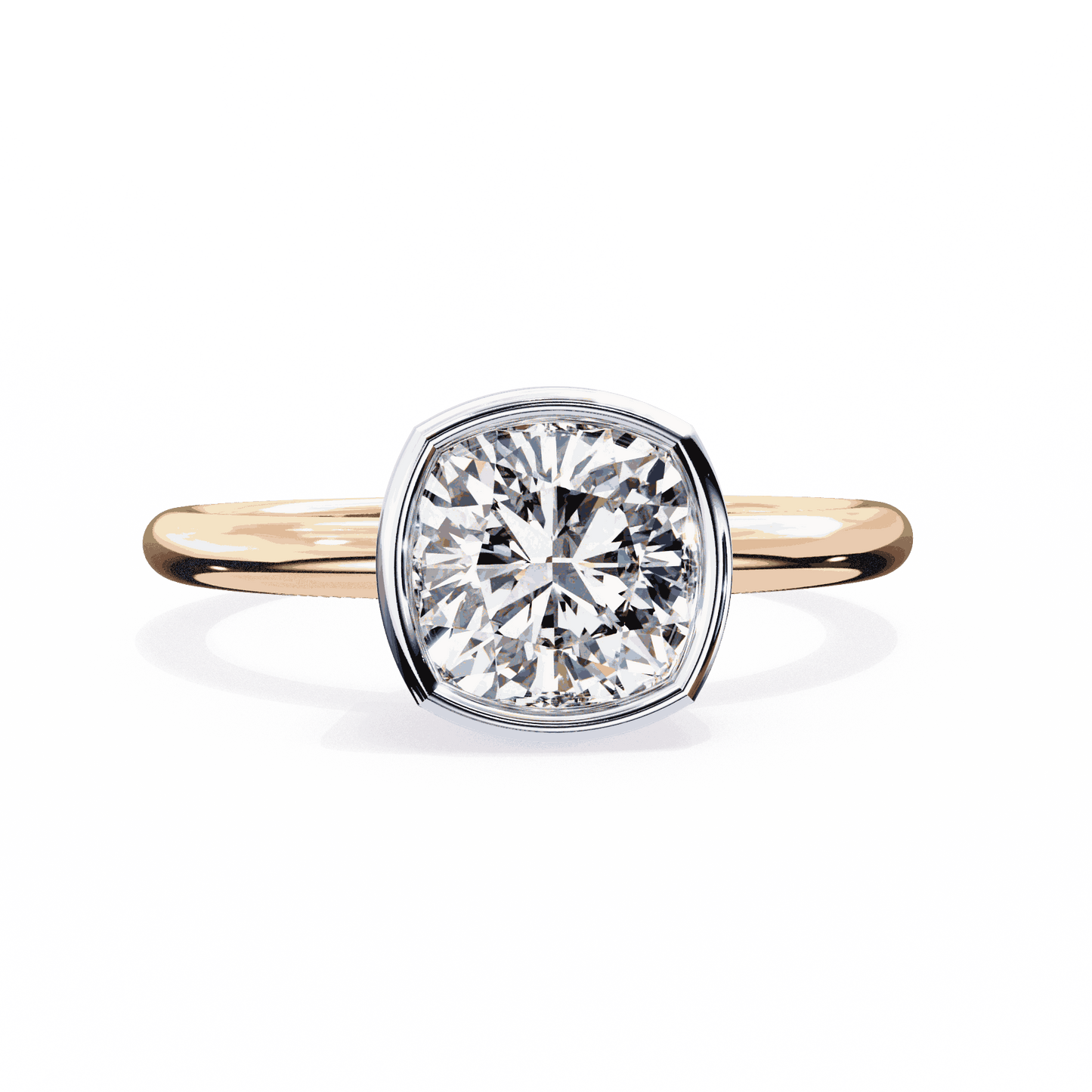 Cushion Cut Lab Grown Diamond Bezel Engagement Ring with Two Tone Plain Band