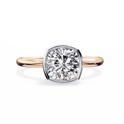 Cushion Cut Lab Grown Diamond Bezel Engagement Ring with Two Tone Plain Band