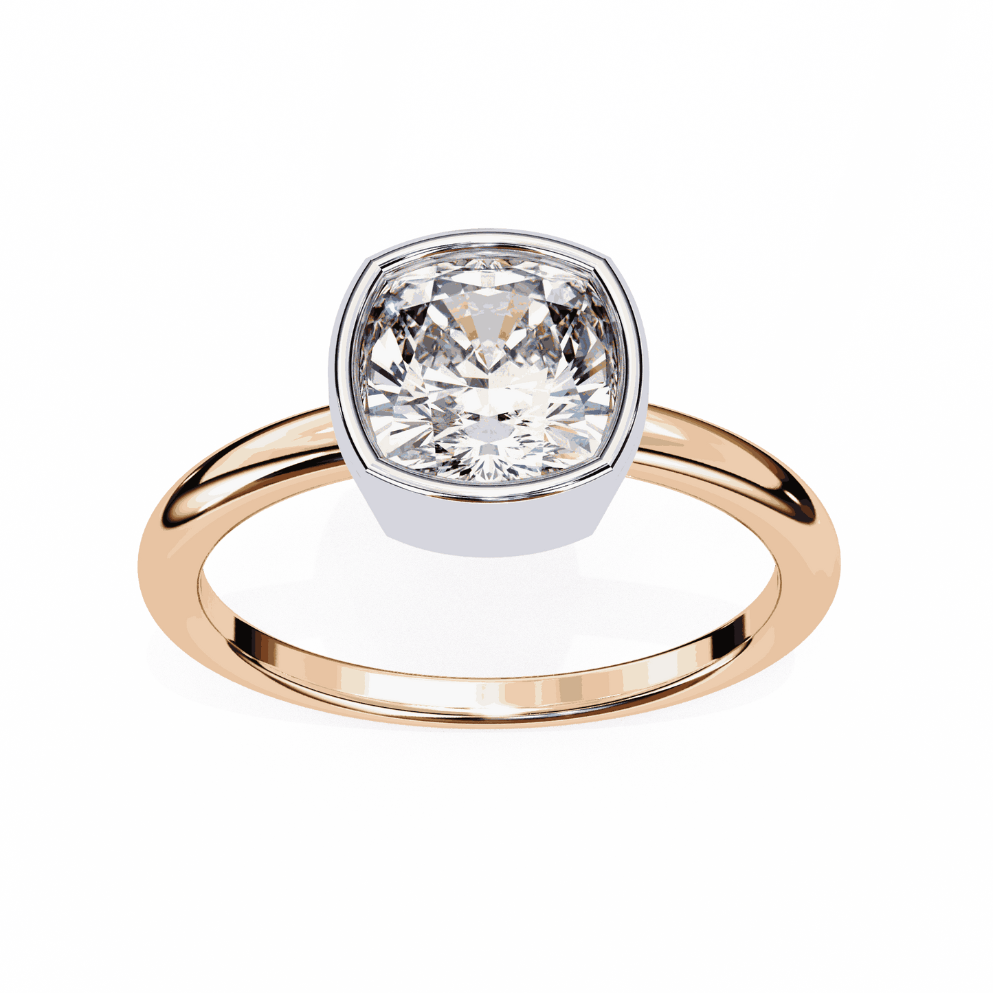 Cushion Cut Lab Grown Diamond Bezel Engagement Ring with Two Tone Plain Band