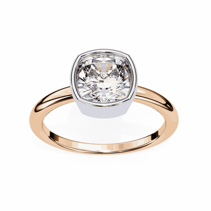 Cushion Cut Lab Grown Diamond Bezel Engagement Ring with Two Tone Plain Band