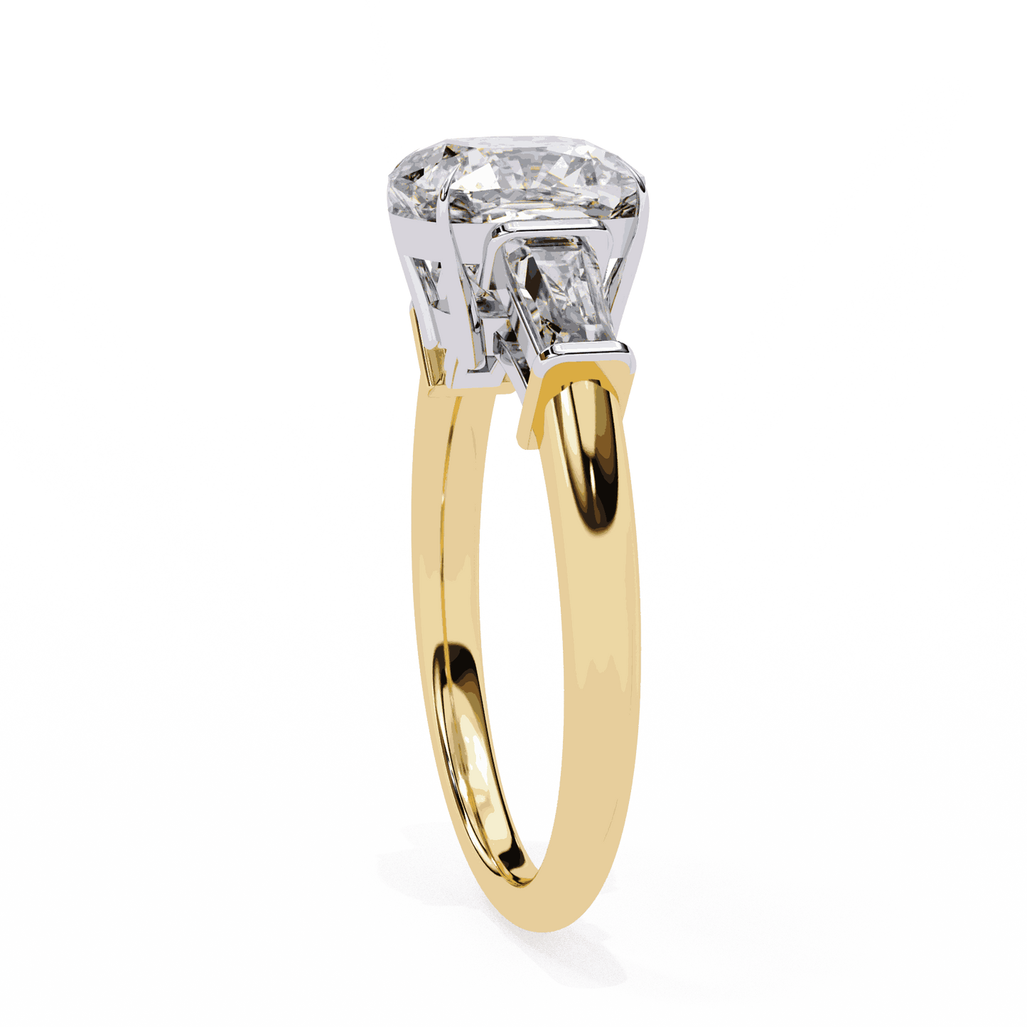Cushion Cut Lab Grown Diamond Three Stone Engagement Ring with Baguette Sides Plain Band