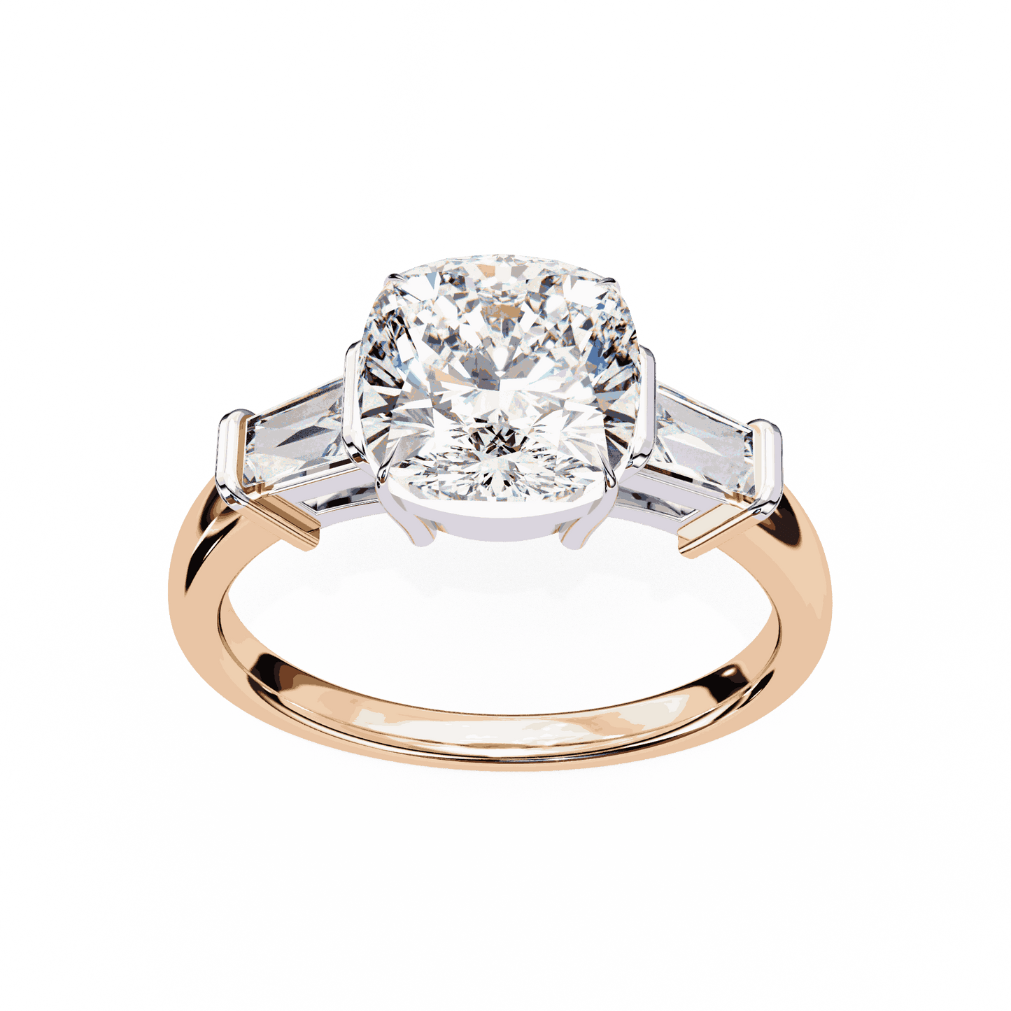 Cushion Cut Lab Grown Diamond Three Stone Engagement Ring with Baguette Sides Plain Band